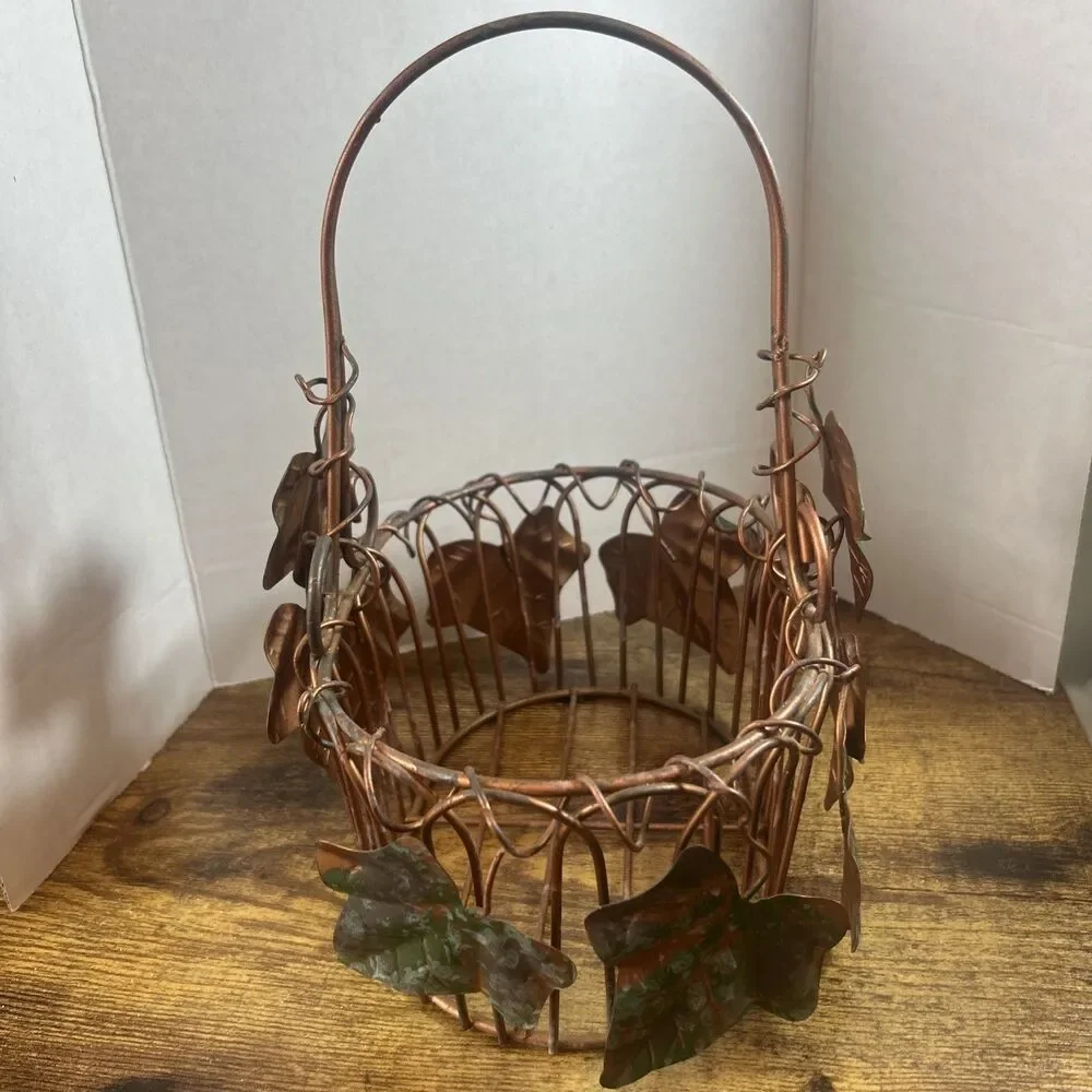 Metal Ivy Decor Oval Basket Copper Tone 10in Tall Rustic Table Organizer Storage